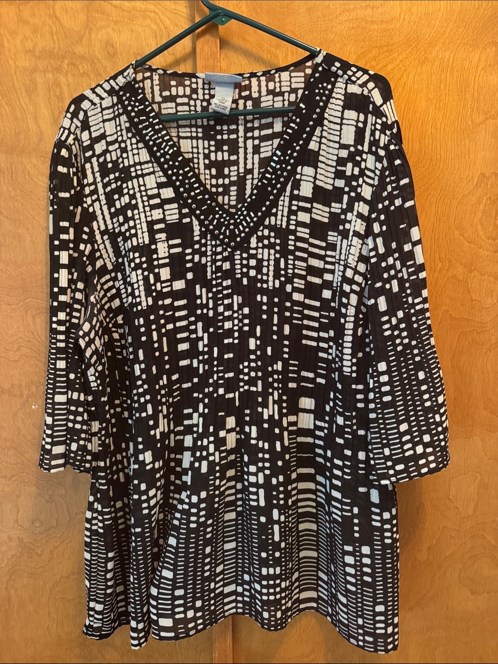 Catherines Black and White Geometric V-Neck Blouse